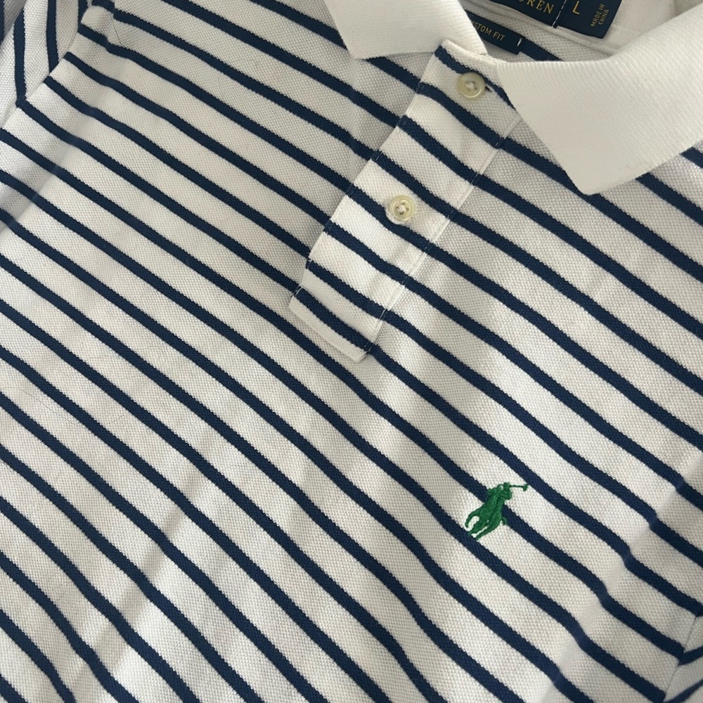 Vintage Polo by Ralph Lauren Custom Fit White & Blue Striped Rare Green Logo